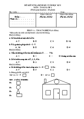 Đề kiểm tra định kì cuối học kì I môn Toán Lớp 1